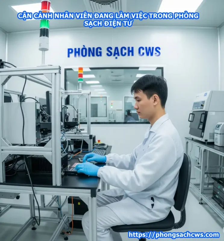 cận cảnh nhân viên làm việc bên trong phòng sạch điện tử an toàn sạch sẽ